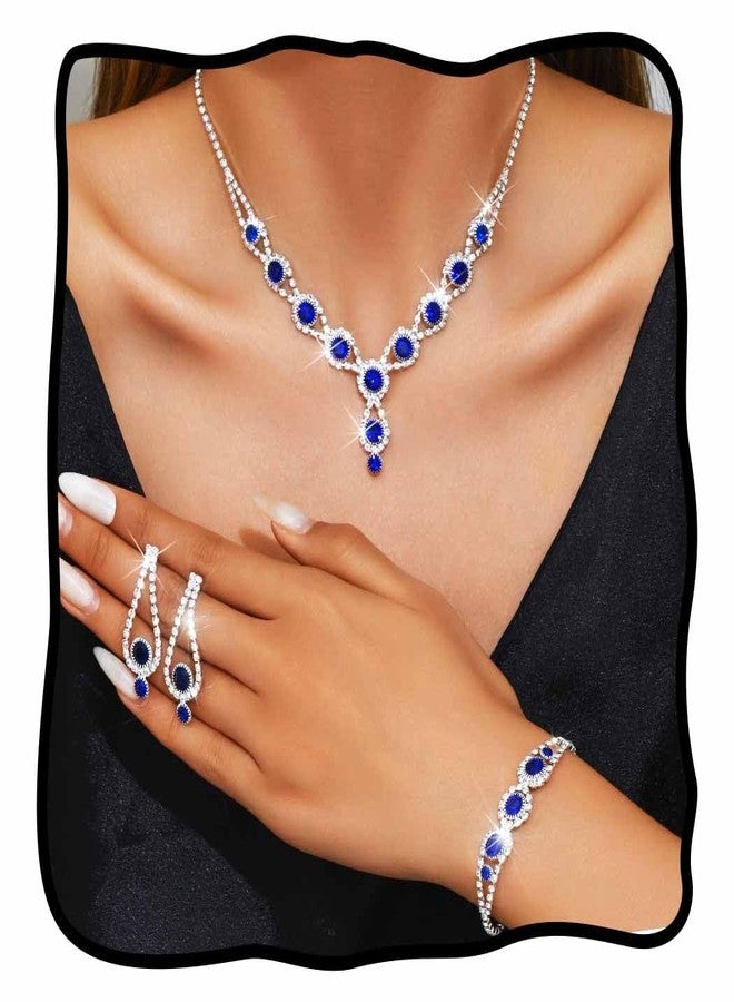 TWINKLEDE Royal Blue Rhinestone Necklace Jewelry Sets Sparkly Blue Necklaces Earrings and Bracelet for Women (Earrings & Necklace & Bracelet Set-Royal Blue) - Image 1